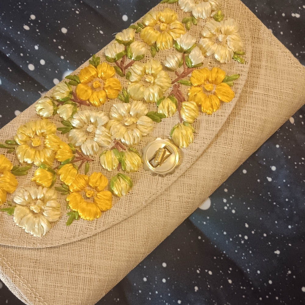Floral Embroidered Clutch in Yellow and Cream
